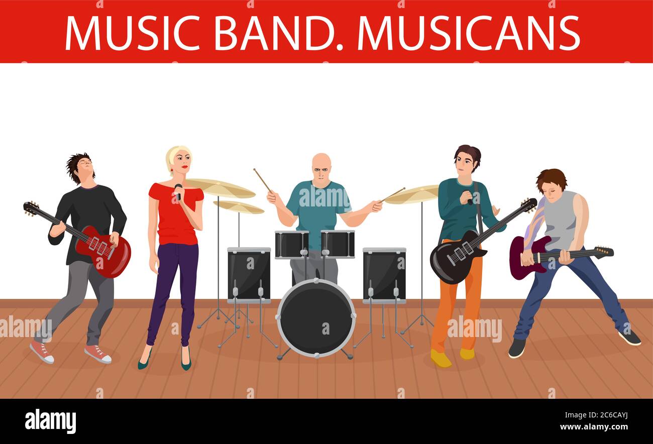 Illustration vectorielle du groupe musical musiciens. Groupe de jeunes musiciens rock Illustration de Vecteur