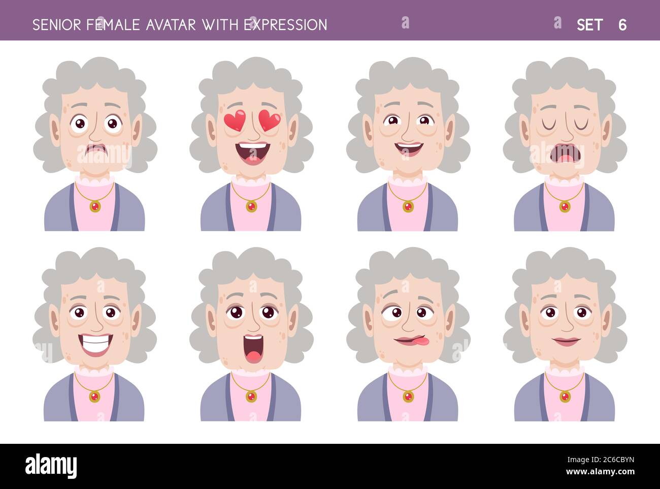 Jeu d'émotions faciales de vieille femme. Personnage de style caricature féminin senior avec différentes expressions. Partie 6 de 6. Illustration de Vecteur