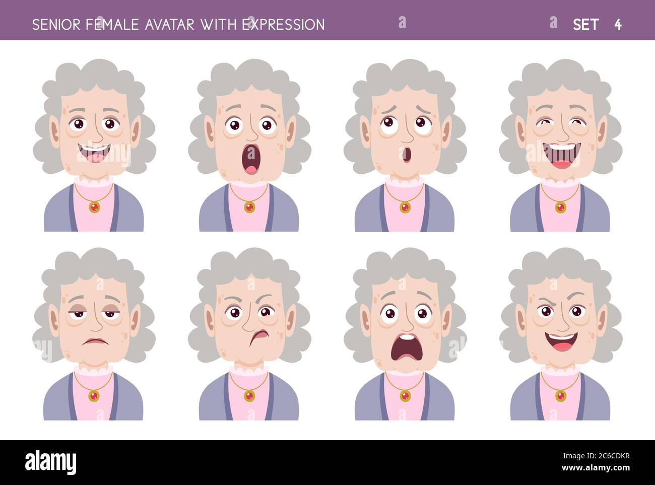 Jeu d'émotions faciales de vieille femme. Personnage de style caricature féminin senior avec différentes expressions. Partie 4 de 6. Illustration de Vecteur