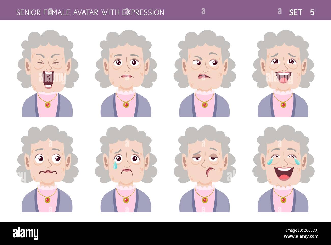 Kit d'émotion faciale grand-mère. Personnage de style caricature féminin senior avec différentes expressions. Partie 5 de 6. Illustration de Vecteur