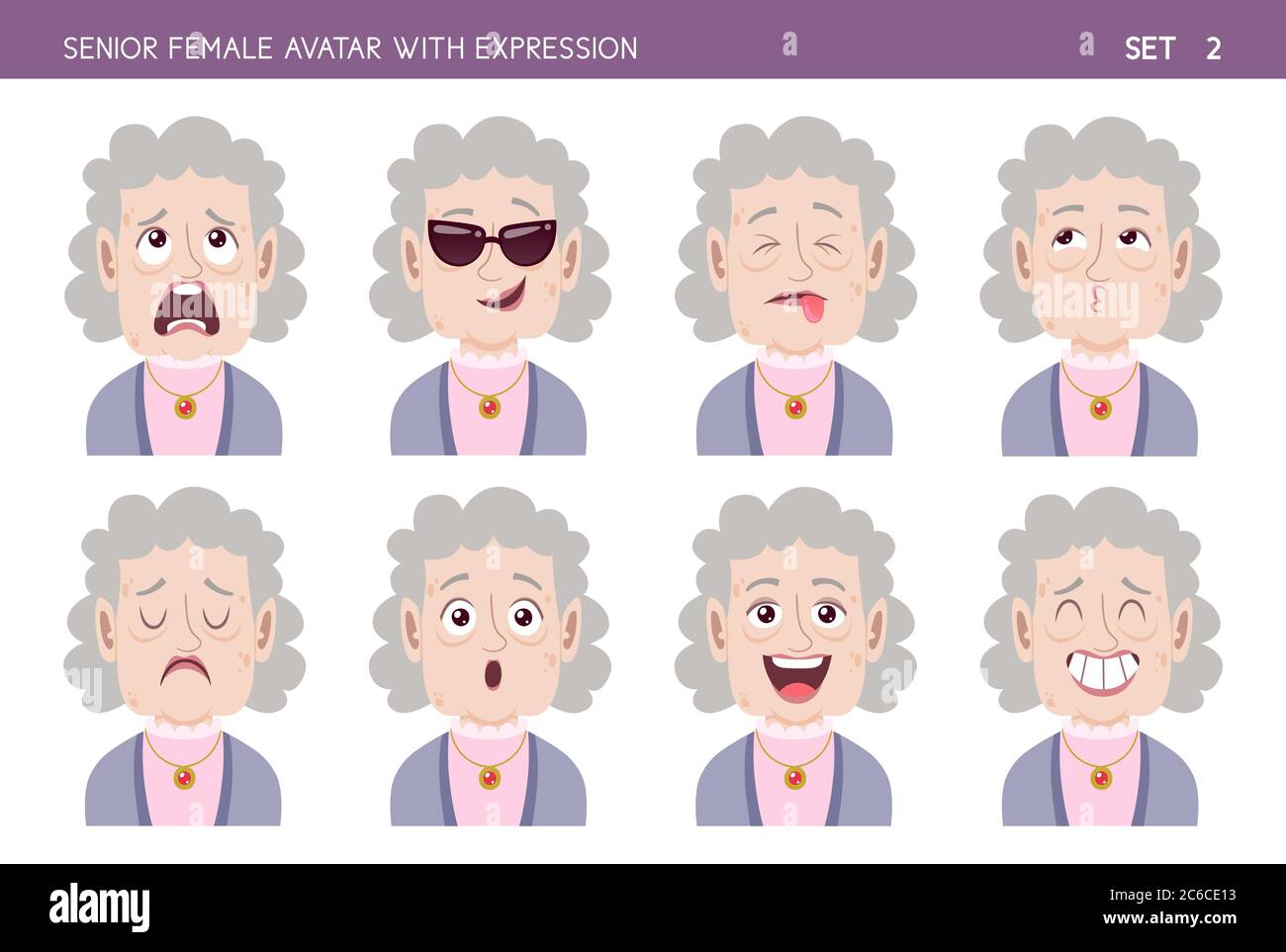 Jeu d'émotions faciales de vieille femme. Personnage de style caricature féminin senior avec différentes expressions. Partie 2 de 6. Illustration de Vecteur