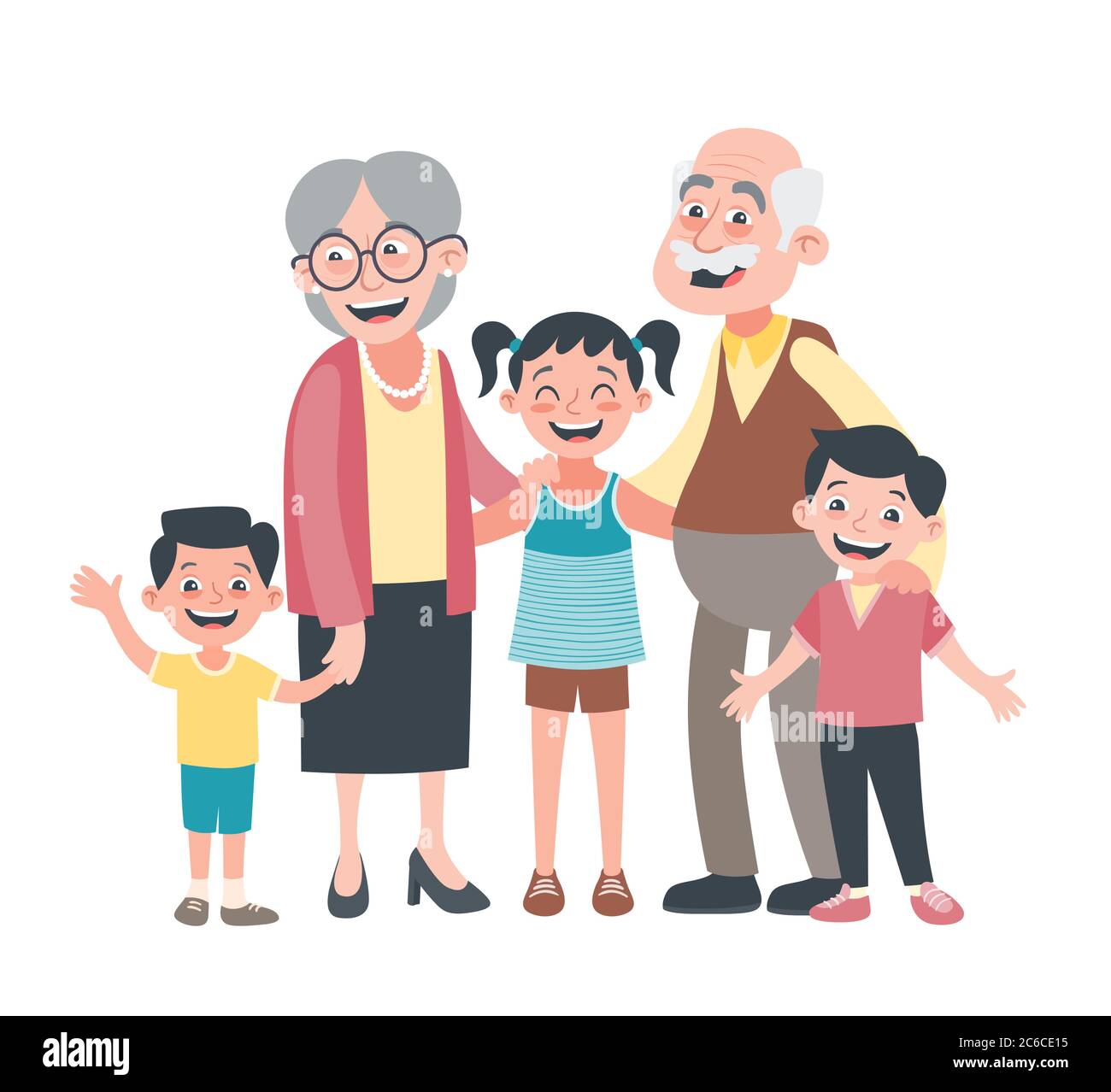 Portrait des grands-parents et des trois petits-enfants. Concept de jour pour grands-parents. Illustration vectorielle de style dessin animé, isolée sur fond blanc. Illustration de Vecteur