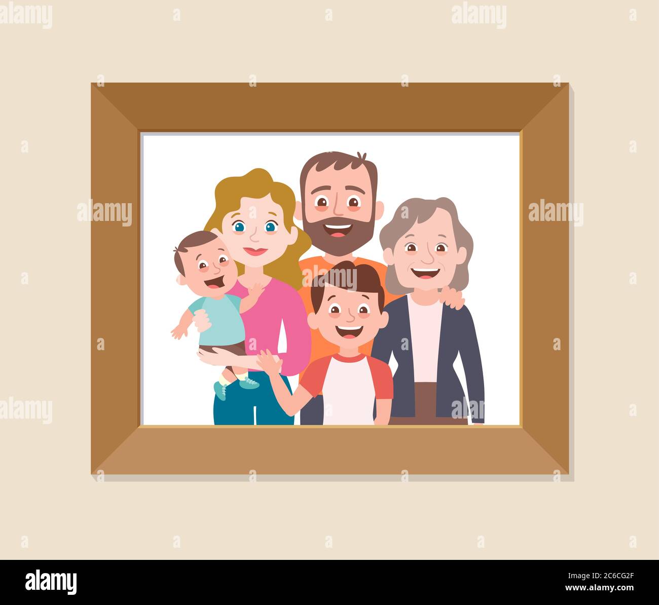 Photo familiale encadrée. Portrait des membres de la famille debout ensemble. Mère, père, grand-mère et enfants. Illustration vectorielle en style dessin animé. Illustration de Vecteur