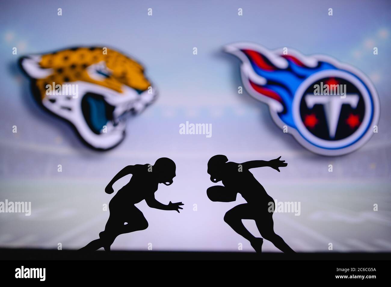 Jacksonville Jaguars contre Tennessee Titans. Affiche NFL Match. Deux joueurs de football américain se font face sur le terrain. Logo des clubs dans ba Banque D'Images