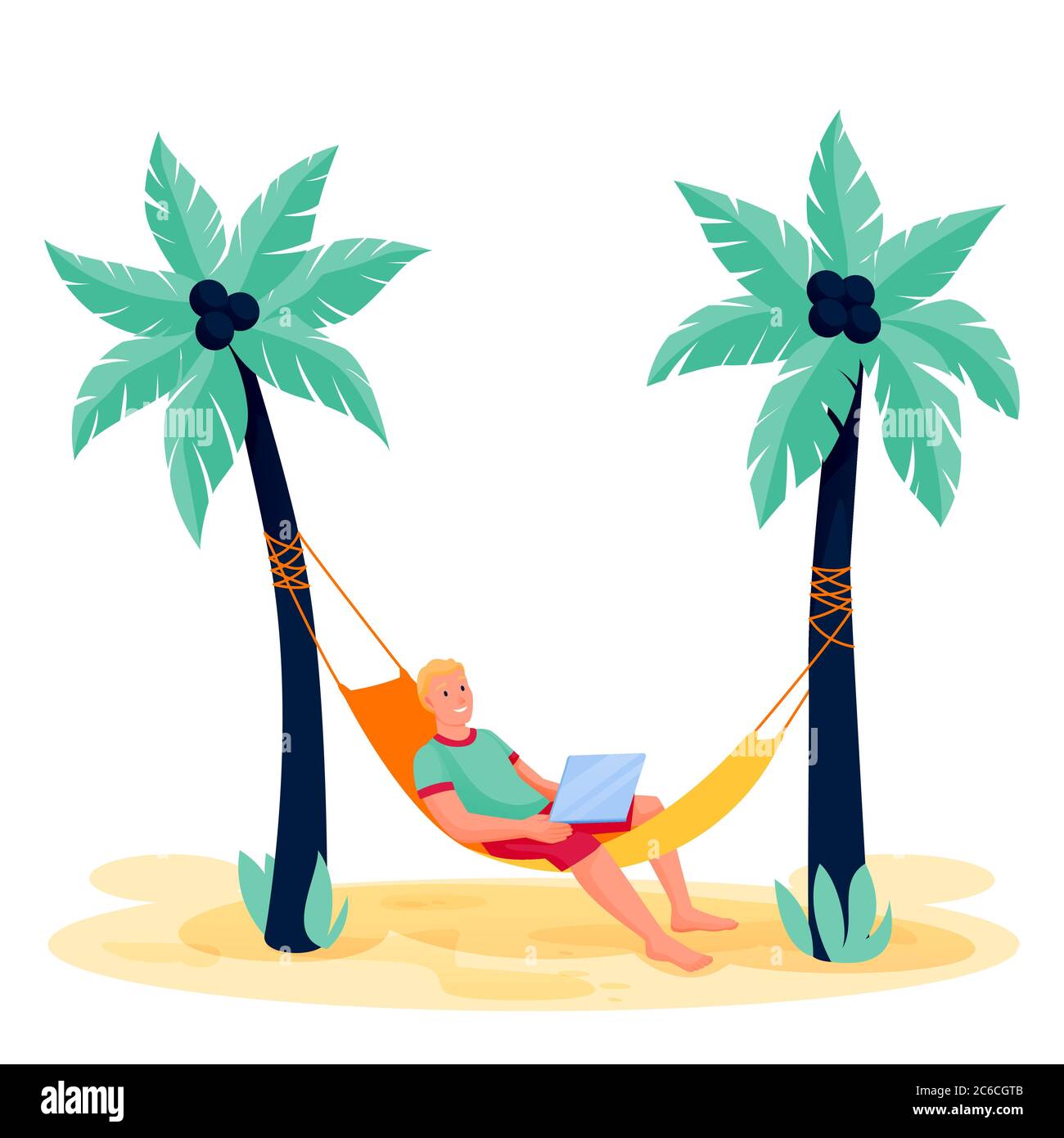 Jeune homme avec ordinateur portable dans un hamac sur la plage tropicale. Illustration de caractères de dessin animé à plan vectoriel. Indépendant sur fond blanc. Bus Illustration de Vecteur
