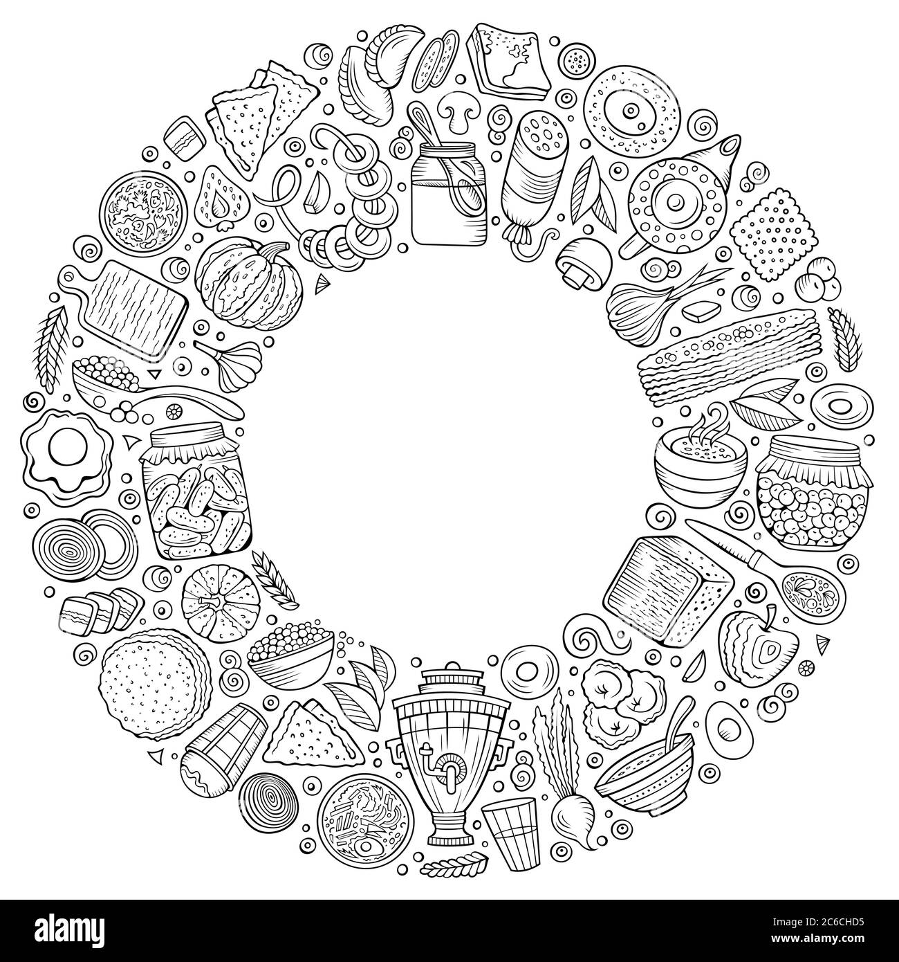 Ensemble vectoriel de dessins animés de la nourriture russe Doodle objets Illustration de Vecteur