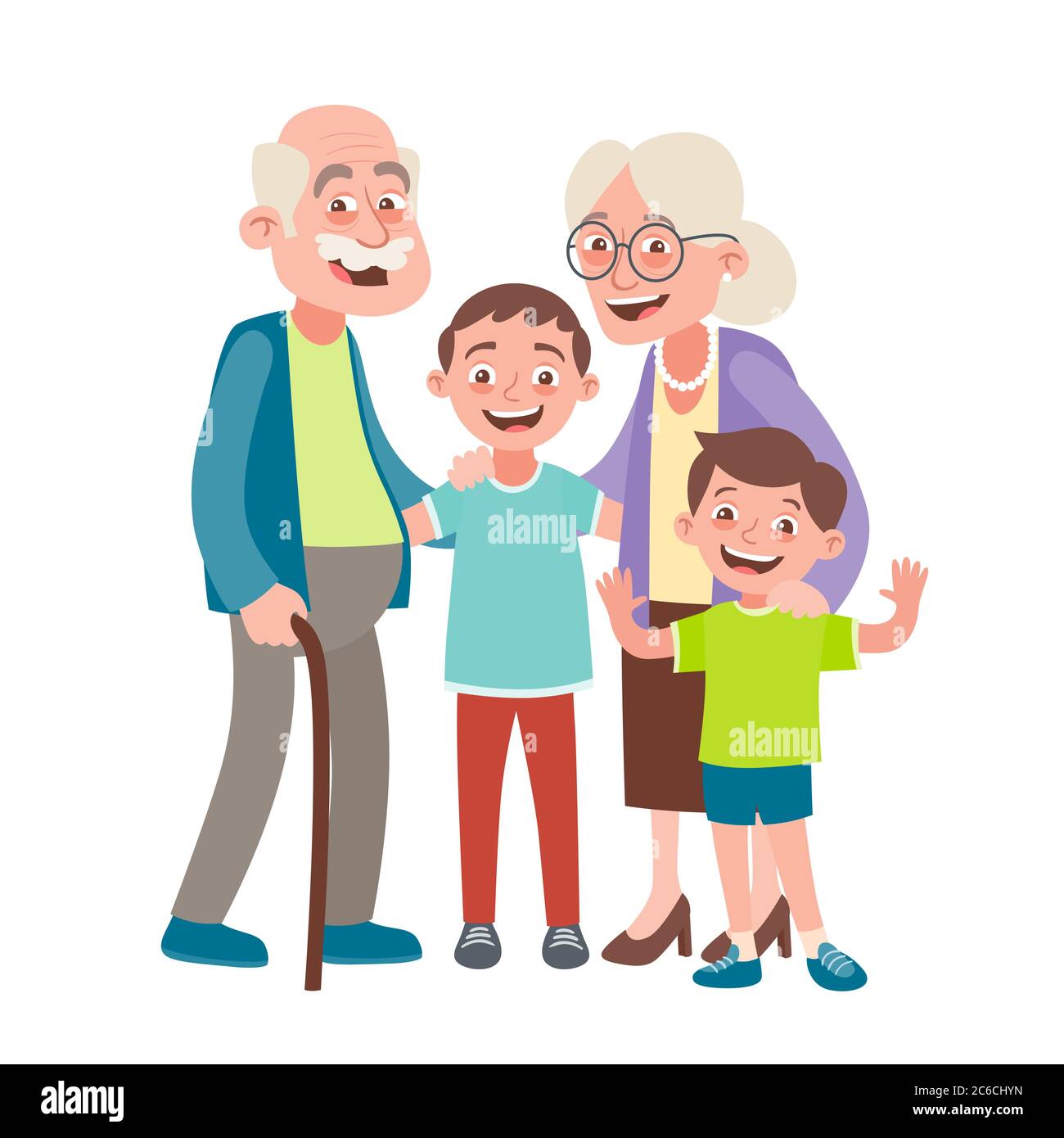Portrait des grands-parents et de deux petits-fils. Concept de la fête des grands-parents heureux. Illustration vectorielle de style dessin animé, isolée sur fond blanc. Illustration de Vecteur