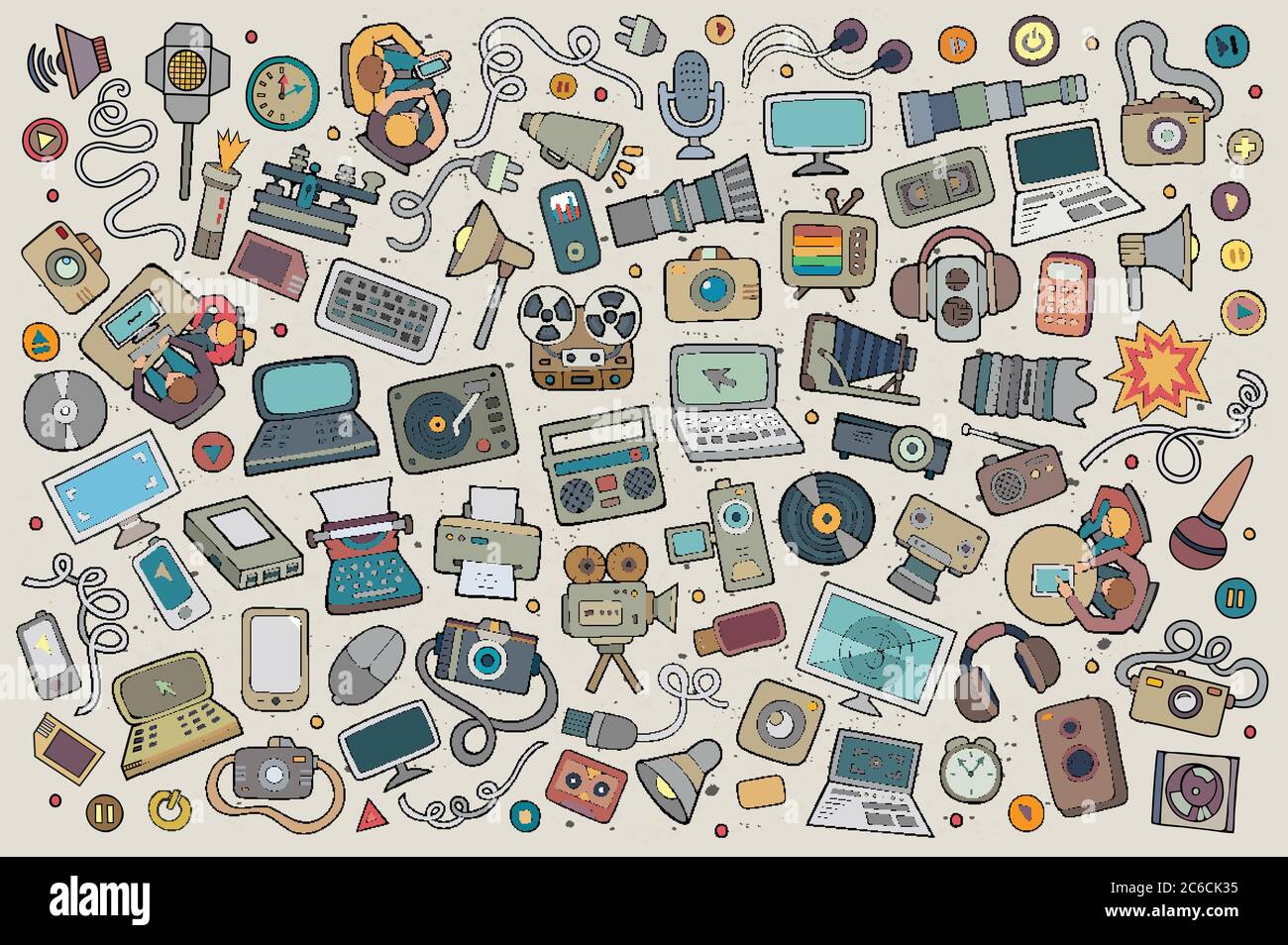 Objets d'équipement et de dispositifs Doodle Set dessinés à la main à vecteur de couleur Illustration de Vecteur