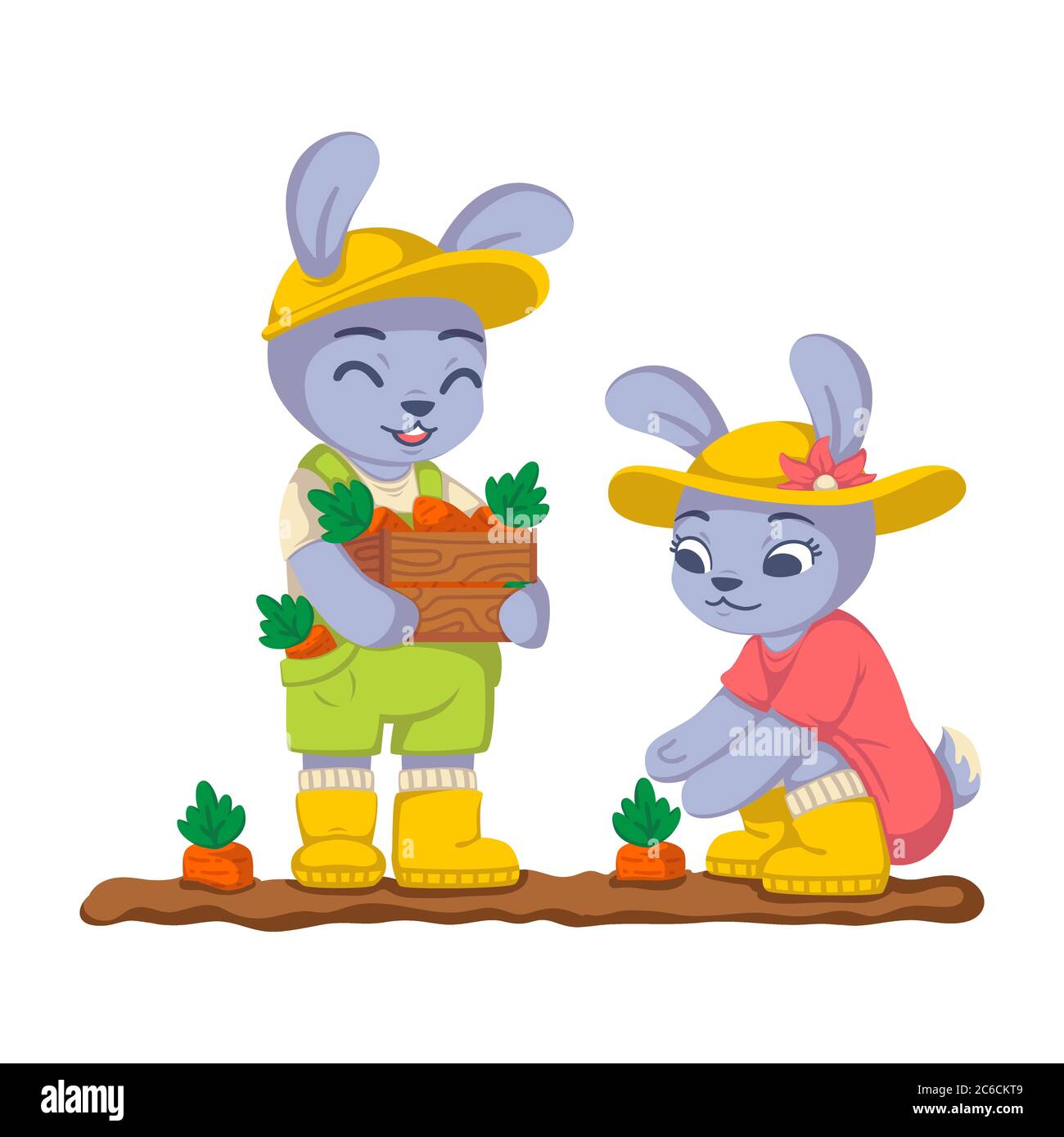 Les lapins récoltent des carottes dans le jardin. Lapin travaille dans le kailyard. Agriculture, jardinage. Illustration enfant vecteur isolée sur fond blanc Illustration de Vecteur