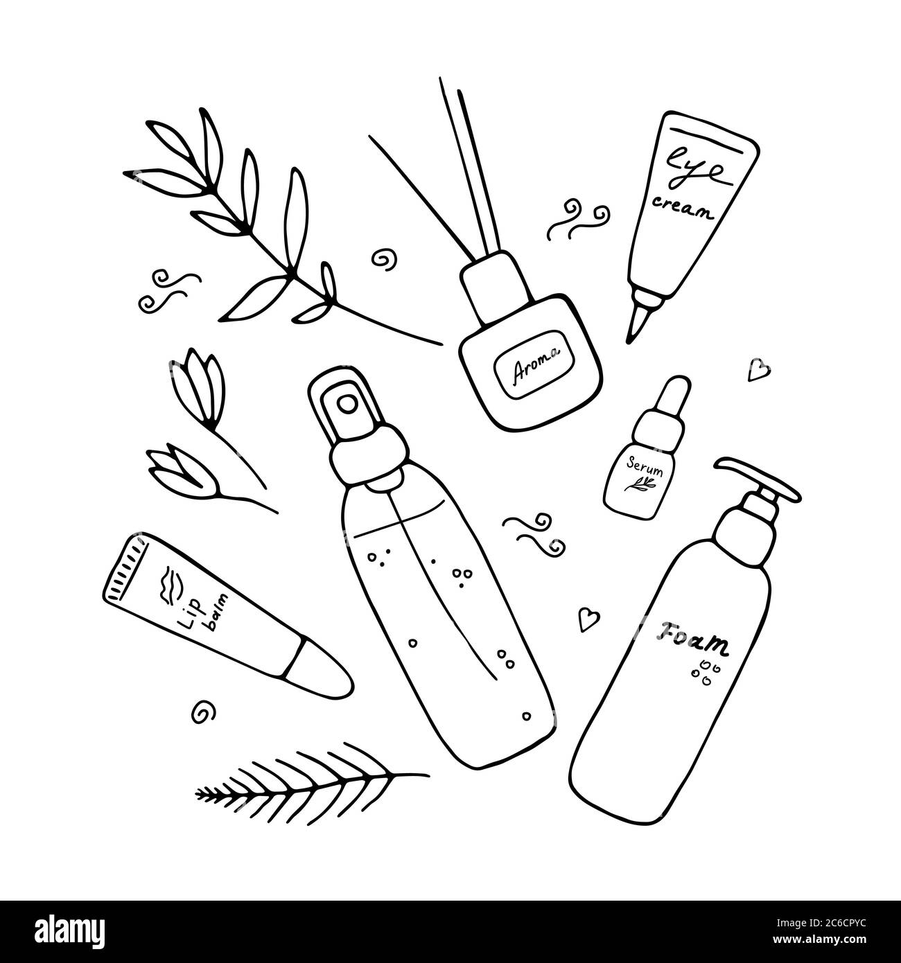 Affiche beauté adorable avec cosmétiques et outils. Produits de soin de la peau. Doodle éléments dessinés à la main. Illustration vectorielle Illustration de Vecteur