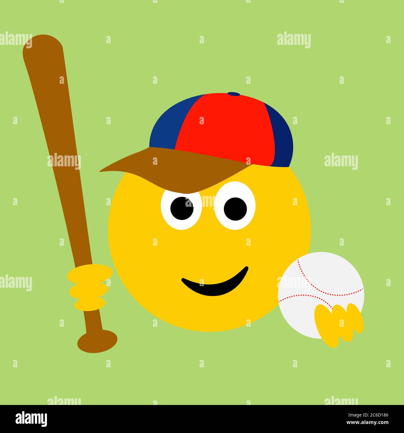 Emoji de baseball avec chapeau, chauve-souris et ballon sur fond vert Banque D'Images