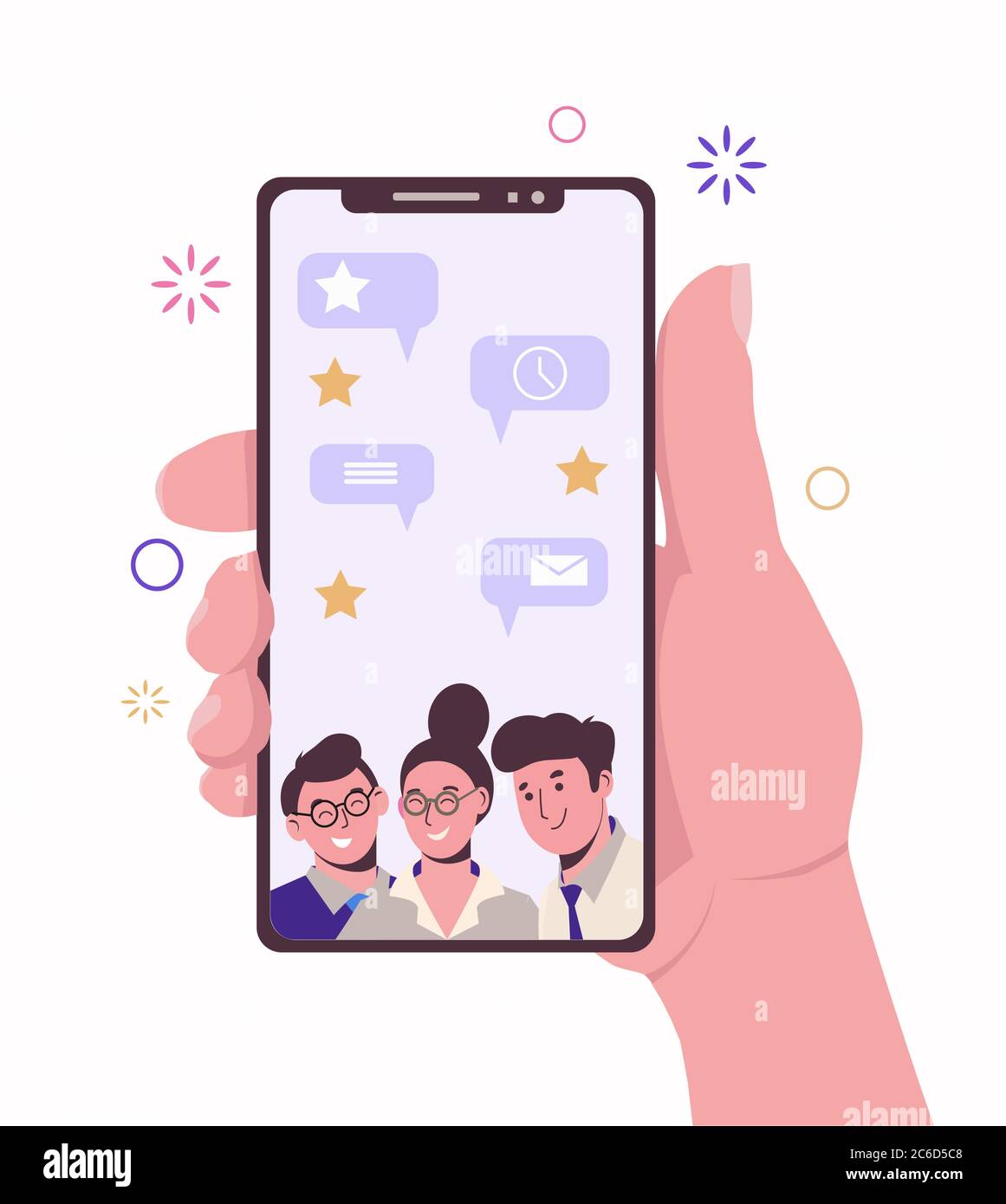 Un smartphone avec une liste de contacts. Discuter avec des amis et des collègues. Invitez des amis. Réseaux sociaux. Envoi de messages. Rencontres. Illustration plate Illustration de Vecteur