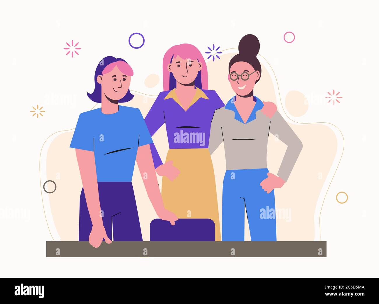 Le collectif de travail des filles au bureau. Réunion d'amis. Les travailleurs sur le lieu de travail. Illustration à plat. Isolé sur un fond blanc. Illustration de Vecteur