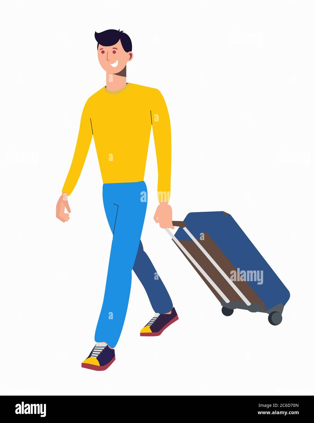 Un gars avec une valise à l'aéroport. Homme avec une valise. Voyage d'affaires. Bagages. Voyageur. Voyage à l'étranger. Vol en avion. Illustration plate. Isolé o Illustration de Vecteur