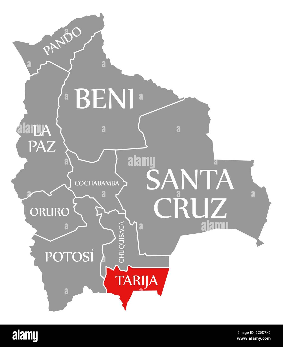 Tarija rouge mis en évidence sur la carte de la Bolivie Banque D'Images
