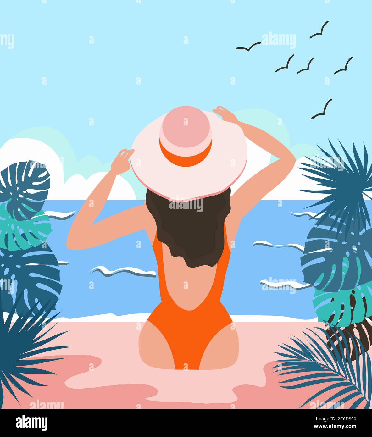 Fille dans un maillot de bain et un chapeau sur la plage. Repos d'été. Mer ou océan côte. Une femme est en plein soleil. Tropiques. Illustration de style plat. Illustration de Vecteur