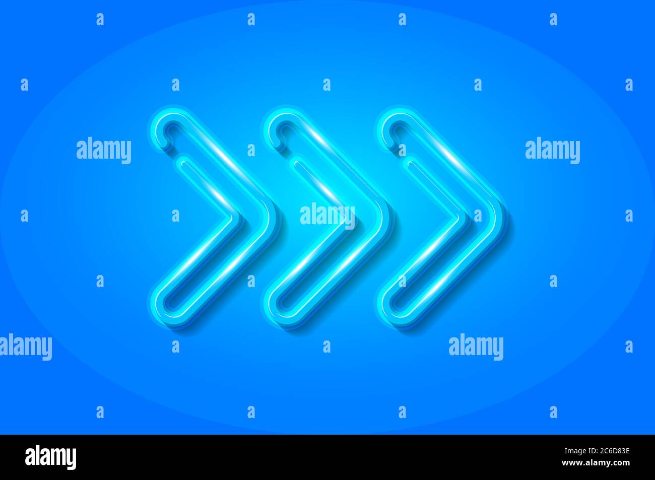 Triple flèche droite, symbole 3D lumineux, modèle de carte. Illustration vectorielle réaliste. Arrière-plan bleu. Illustration de Vecteur