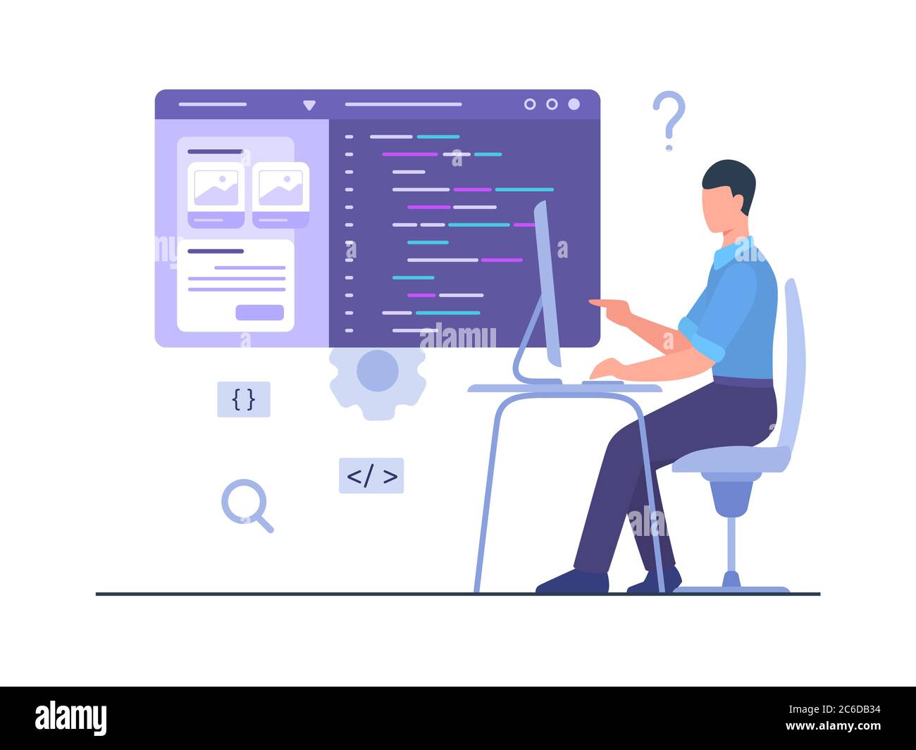 Homme programmer assis chaise travail sur ordinateur créer développement application mobile avec le style de dessin animé plat. Illustration de Vecteur