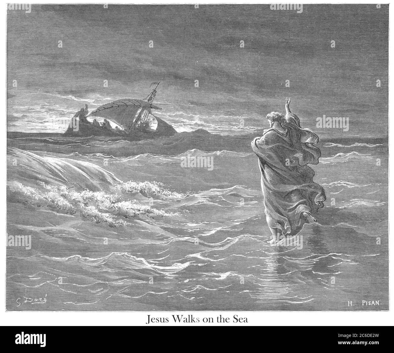 Jésus marchant sur la mer [Jean 6:19-20] du livre 'Galerie de la Bible' illustré par Gustave Dore avec mémoire de Dore et lettre-presse descriptive par Talbot W. Chambers D.D. Publié par Cassell & Company Limited à Londres et simultanément par Mame à Tours, France en 1866 Banque D'Images