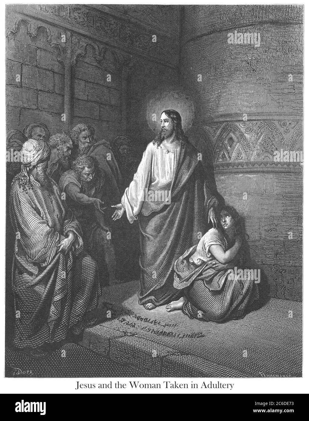 Jésus et la femme pris dans l'adultère [Jean 8:3-5] du livre 'Galerie de la Bible' illustré par Gustave Dore avec mémoire de Dore et lettre-presse descriptive par Talbot W. Chambers D.D. Publié par Cassell & Company Limited à Londres et simultanément par Mame à Tours, France en 1866 Banque D'Images
