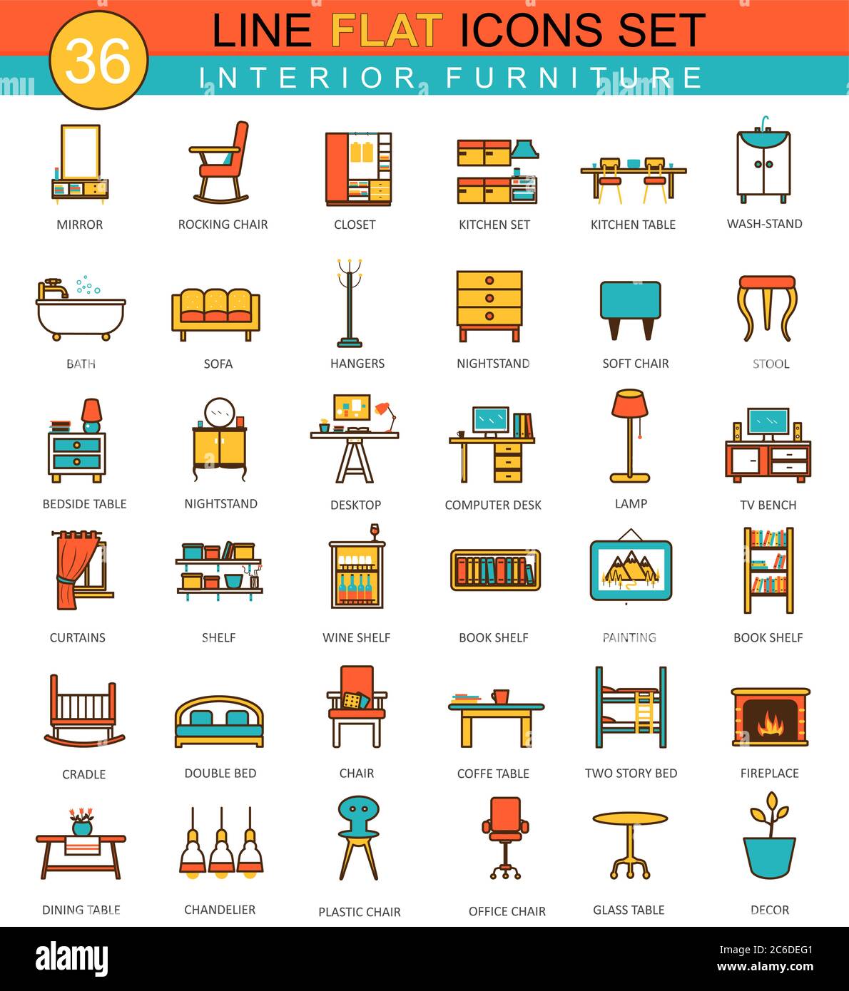 Ensemble d'icônes de lignes plates de meubles vectorielles. Design moderne et élégant pour le Web Illustration de Vecteur