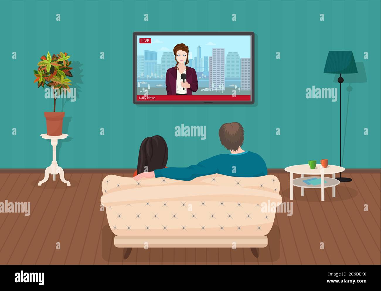 Des jeunes hommes et femmes de famille regardent la télévision des programmes d'information quotidiens ensemble dans le salon. Illustration vectorielle Illustration de Vecteur