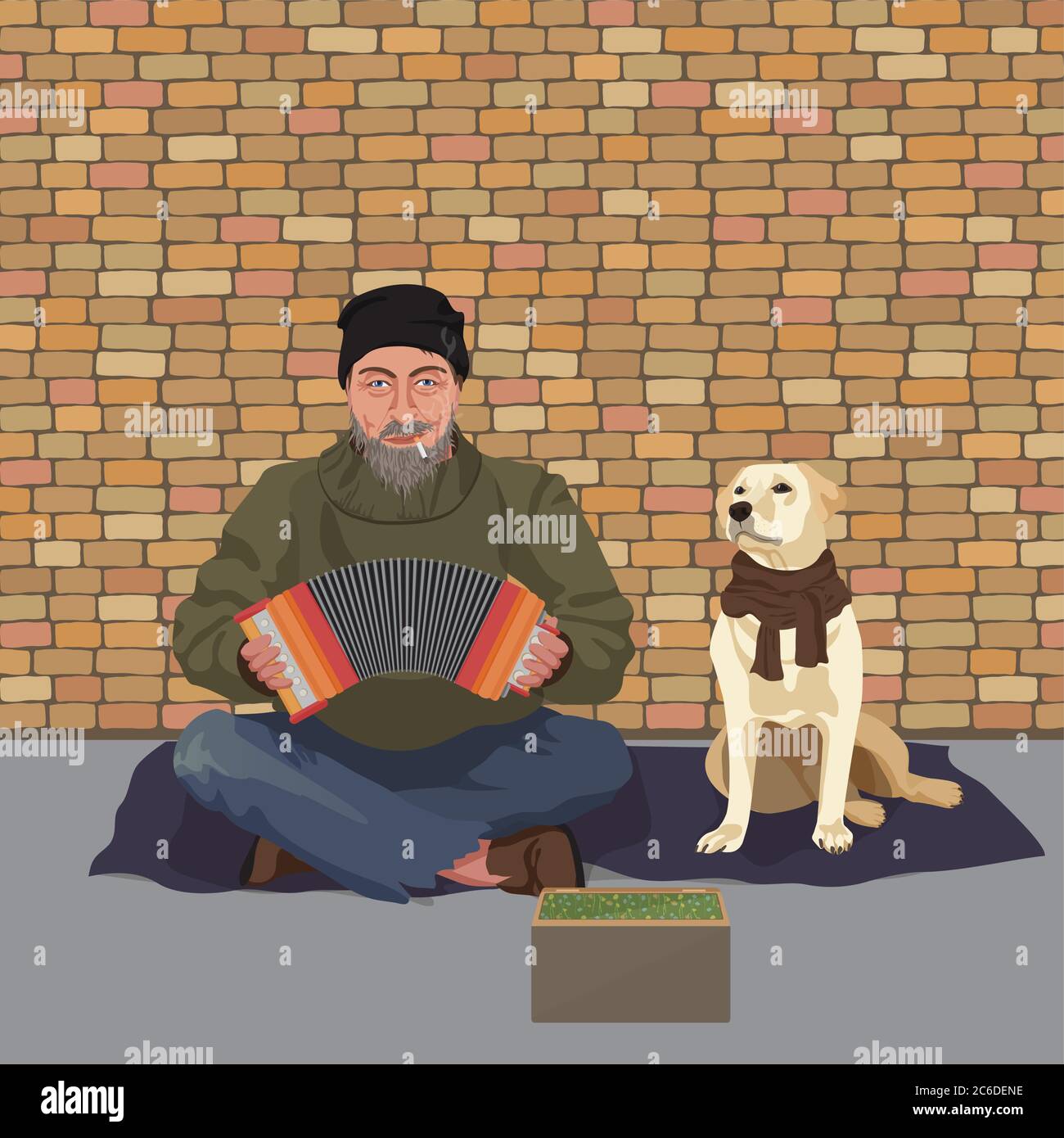 Homme sans abri avec chien. Shaggy homme dans des chiffons sales jouant l'harmonie de l'accordéon. Demander de l'aide Illustration de Vecteur