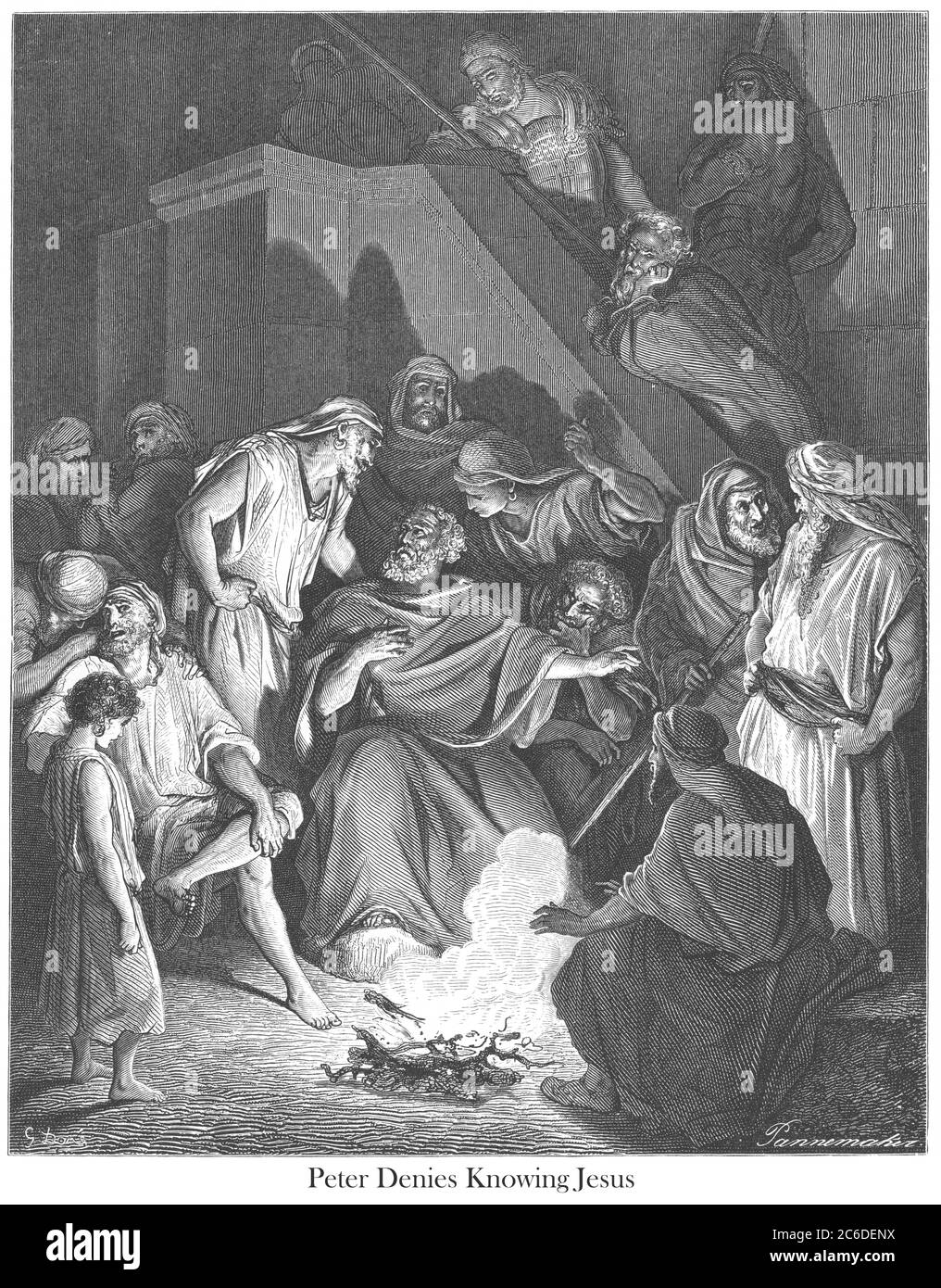 Peter nie Christ [Jean 18:26-27] du livre 'Galerie de la Bible' illustré par Gustave Dore avec mémoire de Dore et lettre-presse descriptive par Talbot W. Chambers D.D. Publié par Cassell & Company Limited à Londres et simultanément par Mame à Tours, France en 1866 Banque D'Images