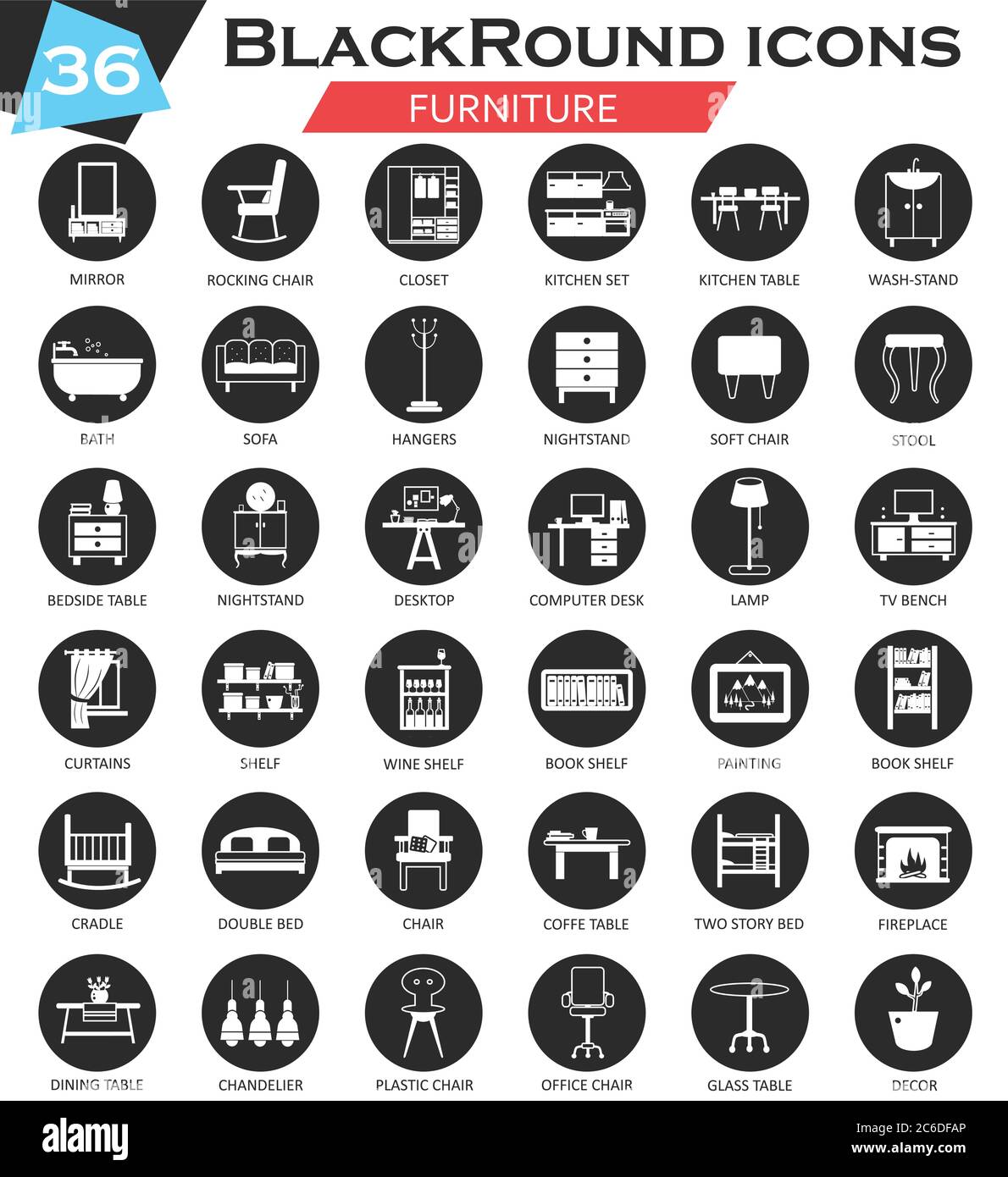 Ensemble d'icônes cercle blanc noir de mobilier vectoriel. Design d'icône ultra moderne pour le Web Illustration de Vecteur
