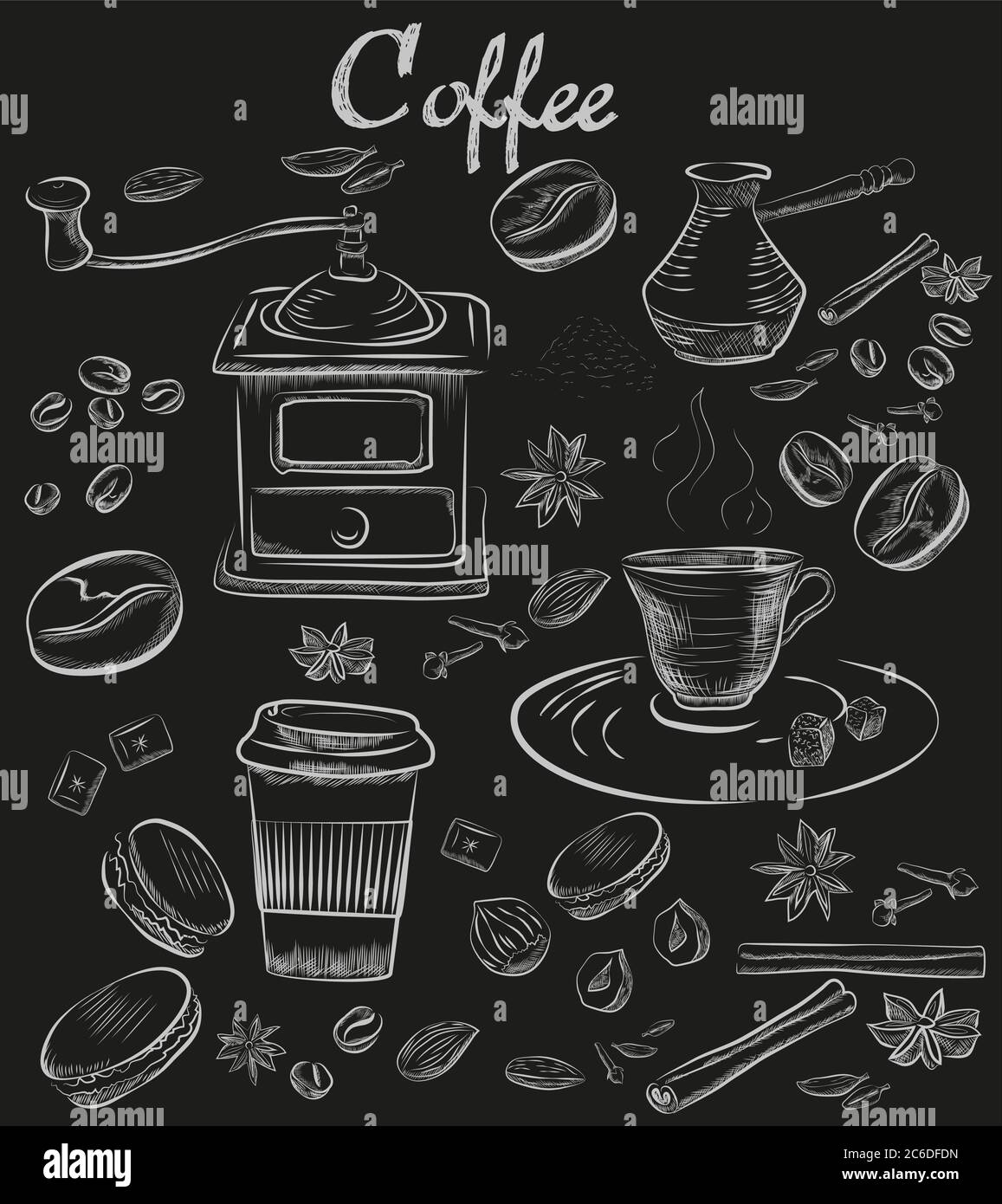 Tableau noir à la main, collection de café décorative. Ensemble café vintage Illustration de Vecteur