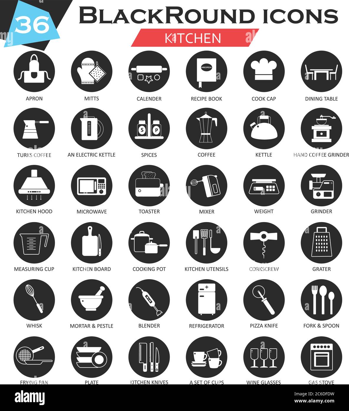 Ensemble d'icônes Vector Kitchen Circle blanc noir. Design d'icône ultra moderne pour le Web Illustration de Vecteur