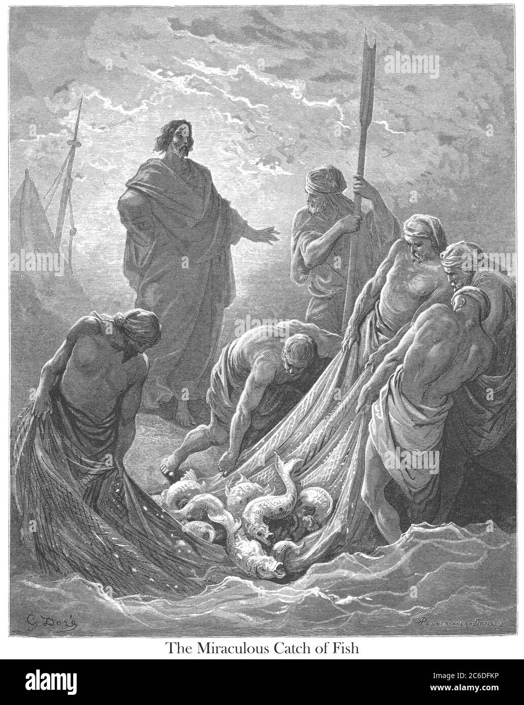 La prise miraculeuse de poisson [Jean 21:10-11] du livre 'Bible Gallery' illustré par Gustave Dore avec mémoire de Dore et lettre-presse descriptive par Talbot W. Chambers D.D. Publié par Cassell & Company Limited à Londres et simultanément par Mame à Tours, France en 1866 Banque D'Images