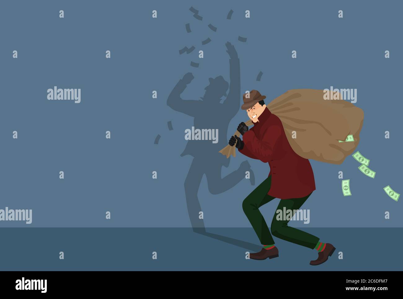 Voleur de personnage de piratage avec sac d'argent. Illustration Vectot Illustration de Vecteur