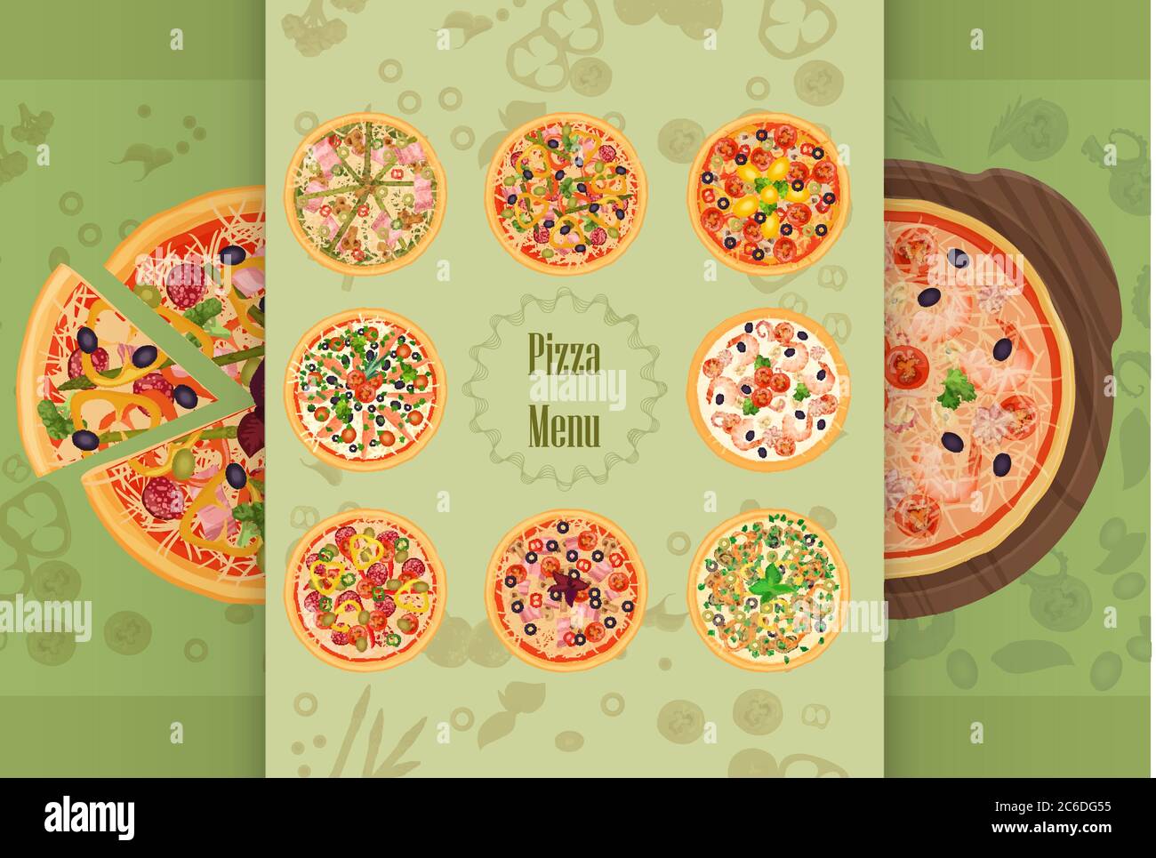 Menu concept du restaurant pizza. Morceau de pizza sur la planche à découper. Illustration du menu pizza Illustration de Vecteur