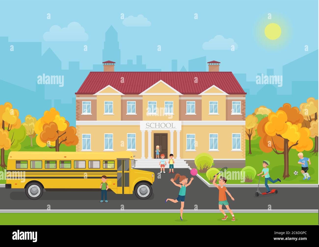 Bâtiment scolaire avec enfants dans la cour et devant de bus jaune. Illustration vectorielle de l'école et de l'éducation Illustration de Vecteur