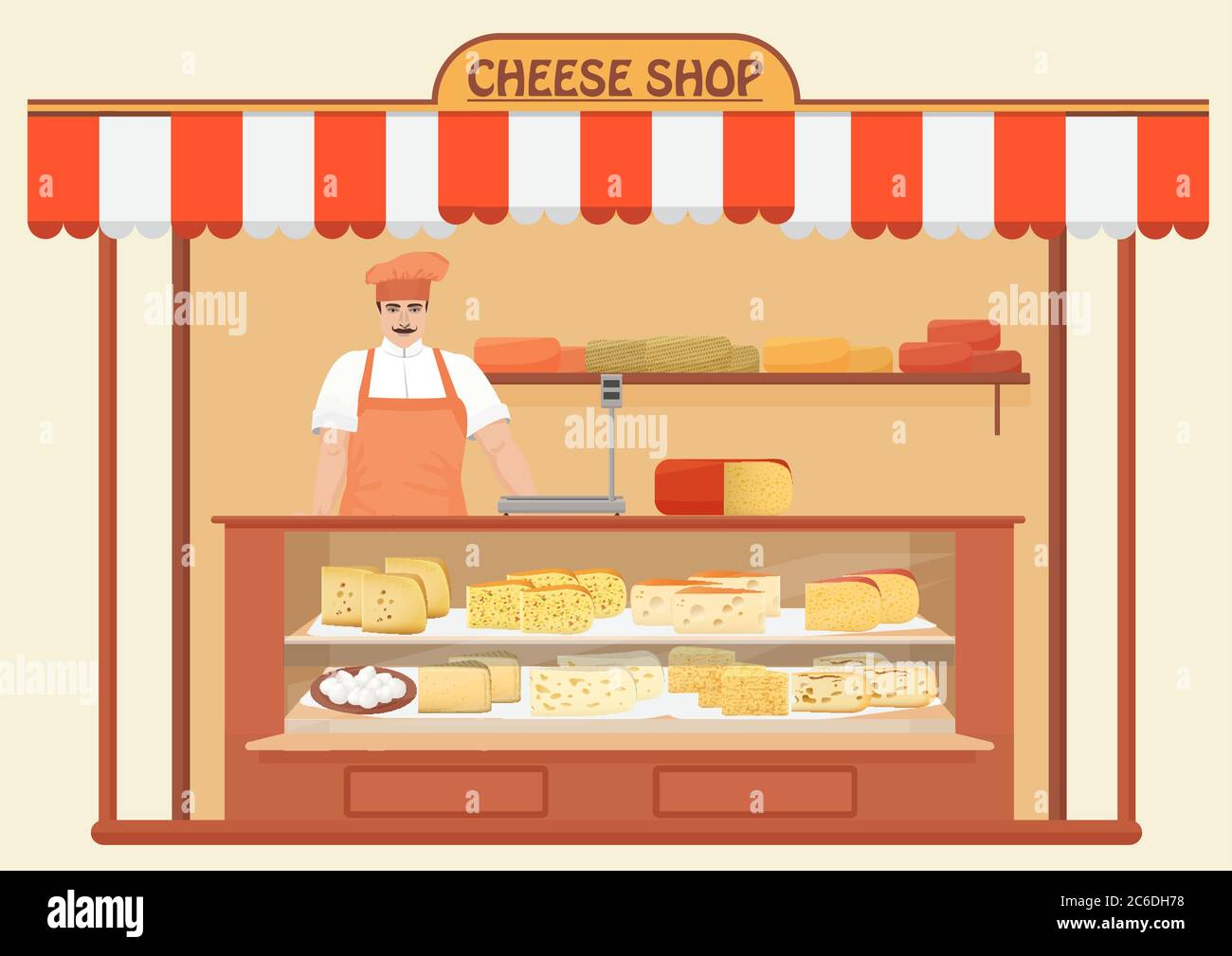 Fromagerie. Vendeur. Rangez les tablettes avec différents types de jeu de fromage. Parmesan mozarella swiss emmentaler cheddar gouda icons collection Illustration de Vecteur