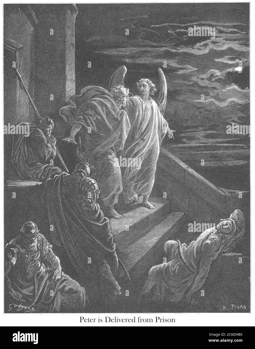 Saint-Pierre livré de prison [actes 12:7-8] du livre 'Bible Gallery' illustré par Gustave Dore avec mémoire de Dore et lettre-presse descriptive par Talbot W. Chambers D.D. Publié par Cassell & Company Limited à Londres et simultanément par Mame à Tours, France en 1866 Banque D'Images