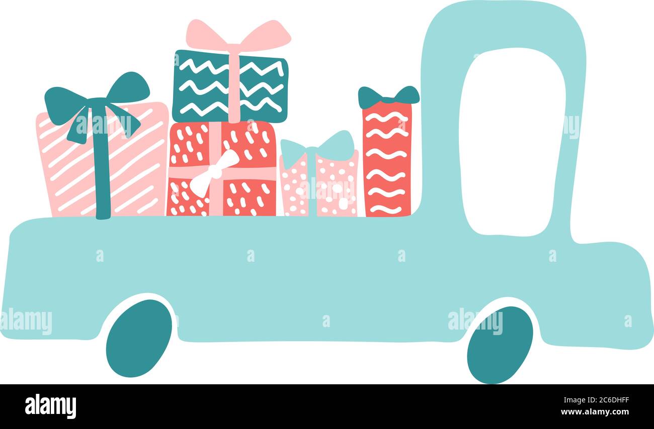 Camion Livre Avec Des Cadeaux Pour L Anniversaire Les Vacances Ou Toute Autre Occasion Speciale Dessin A La Main Style Scandinave Mignon Pour Carte De Voeux Image Vectorielle Stock Alamy