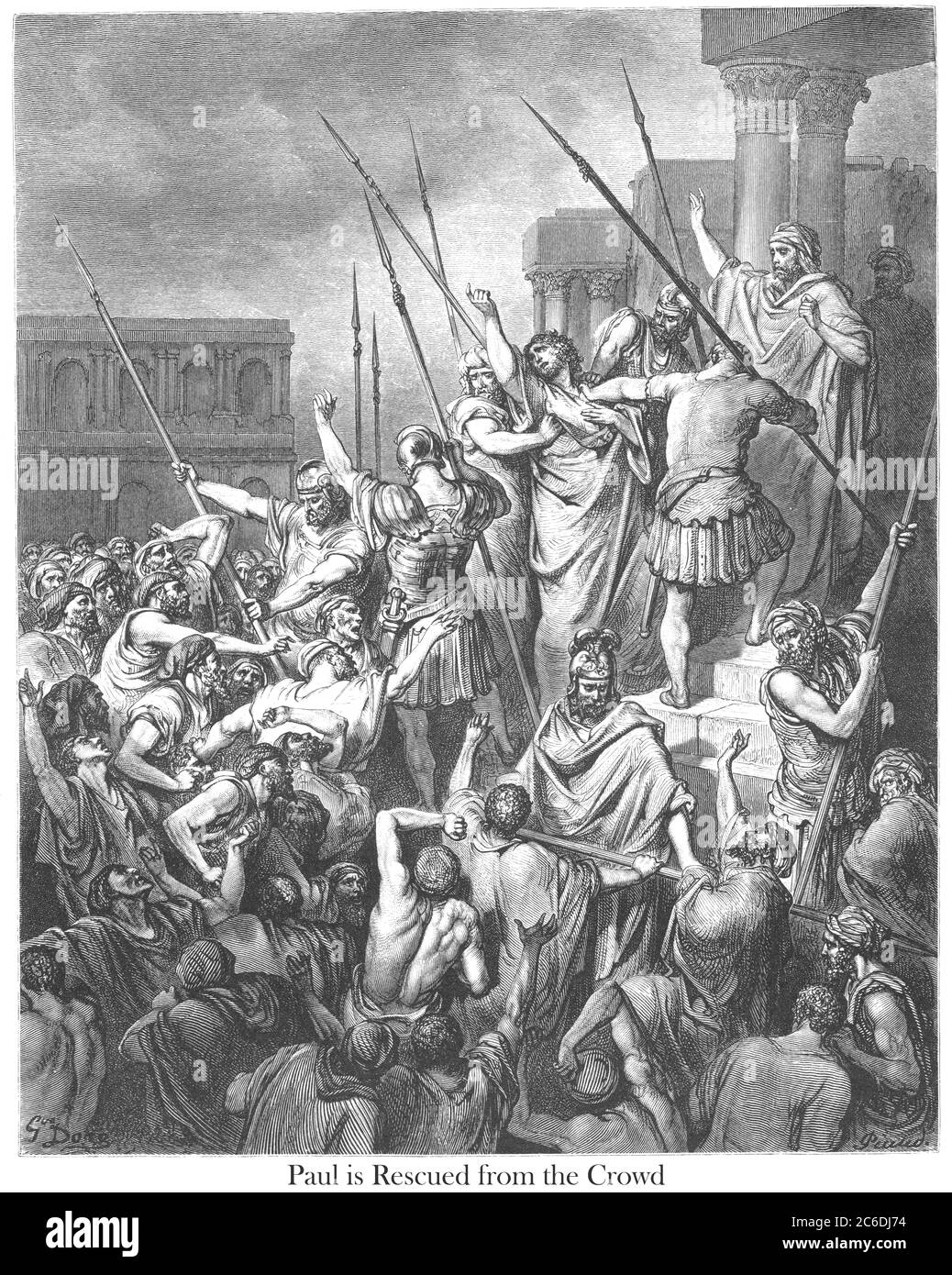 Saint Paul rescapé de la foule [actes 21:34-35] du livre 'Bible Gallery' illustré par Gustave Dore avec mémoire de Dore et lettre-presse descriptive par Talbot W. Chambers D.D. Publié par Cassell & Company Limited à Londres et simultanément par Mame à Tours, France en 1866 Banque D'Images