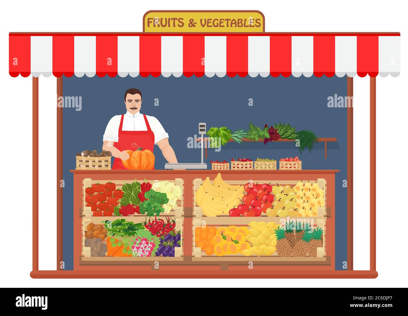 Boutique de fruits et légumes frais. Illustration vectorielle de concept de vendeur de fruits Illustration de Vecteur