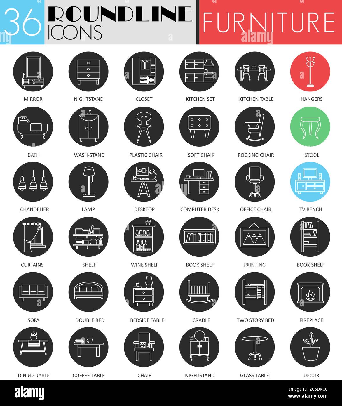Ensemble d'icônes noir blanc cercle intérieur de meuble Vector. Design moderne avec icône noire pour le Web Illustration de Vecteur