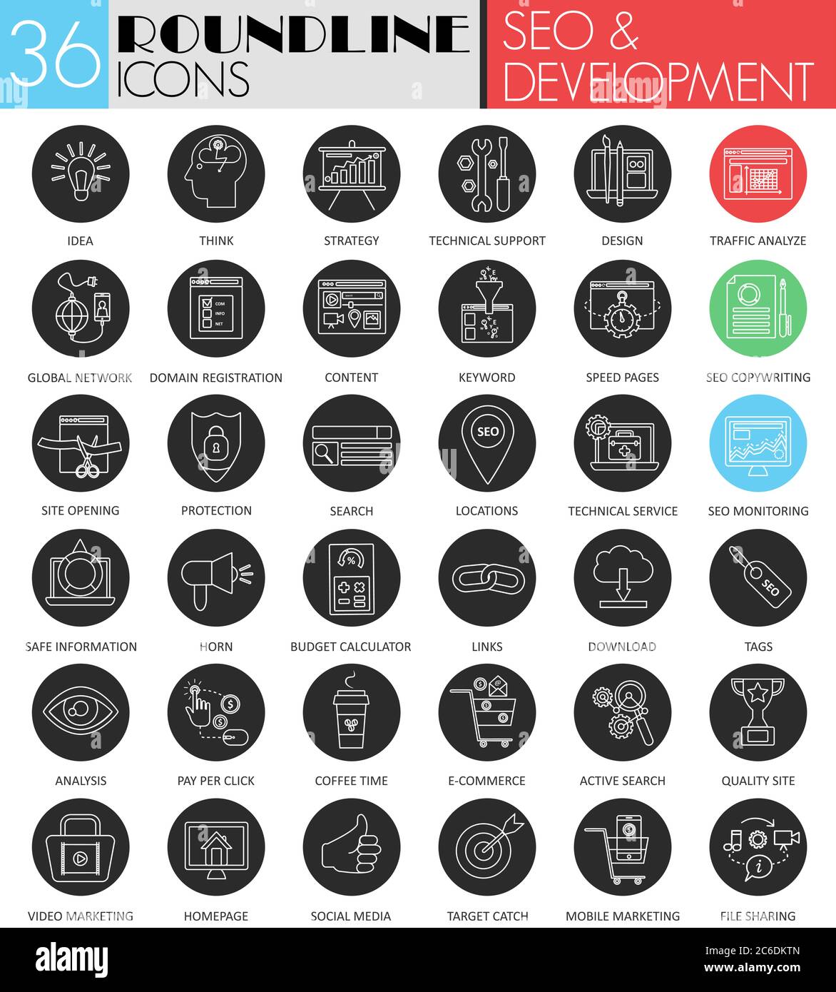 Vector SEO et le cercle de développement blanc noir ensemble d'icônes. Design moderne avec icône noire pour le Web Illustration de Vecteur