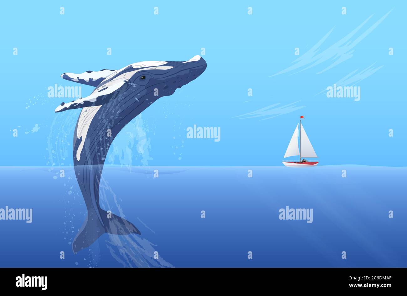 Sautez à bosse grande baleine énorme près de petit bateau yacht. Puissance cachée de l'océan Illustration de Vecteur