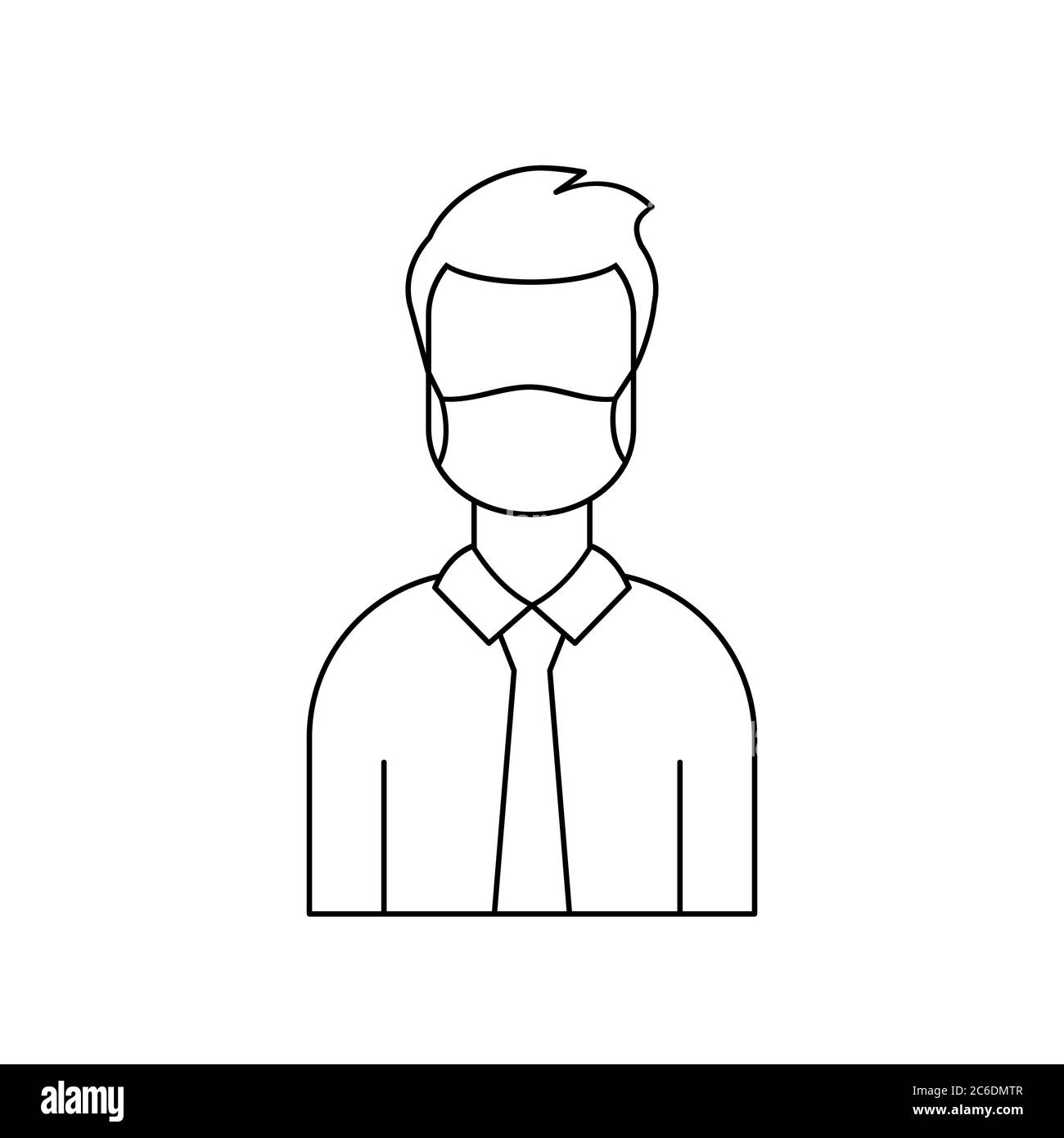 Homme portant une icône de ligne de masque médical. Homme d'affaires en costume et cravate. Aucune entrée sans le signe du masque. Sécurité au travail. Nouvelle normale. Contour noir sur blanc Illustration de Vecteur