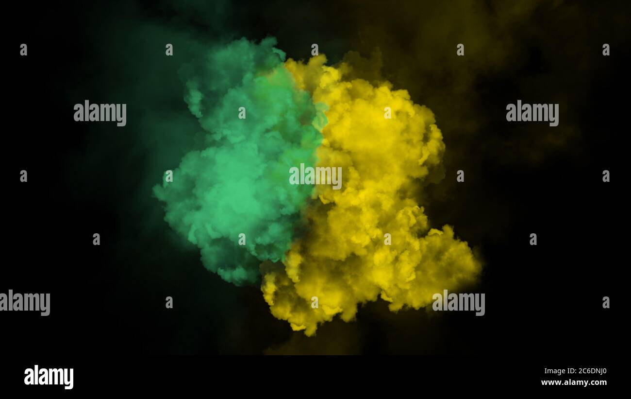 Couleur d'explosion fumée verte et jaune sur fond noir solé. Banque D'Images