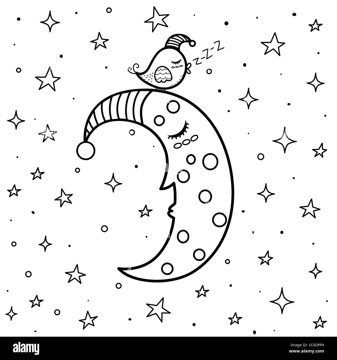 Page de coloriage avec une jolie lune de sommeil et un oiseau Illustration de Vecteur