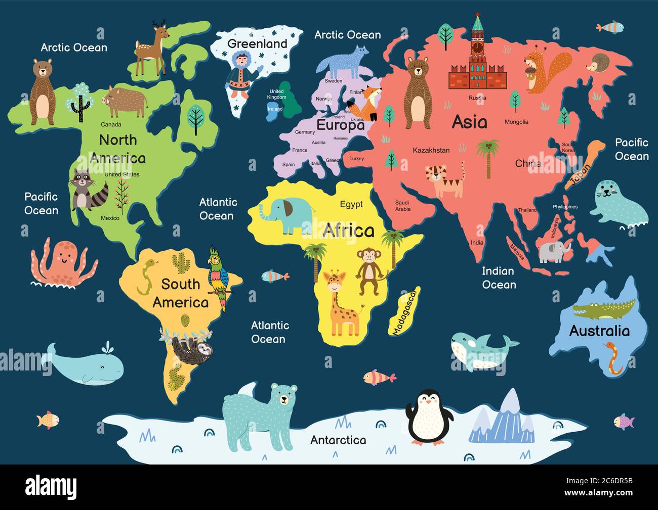 Carte du monde avec les animaux mignons. Carte de dessins animés ...