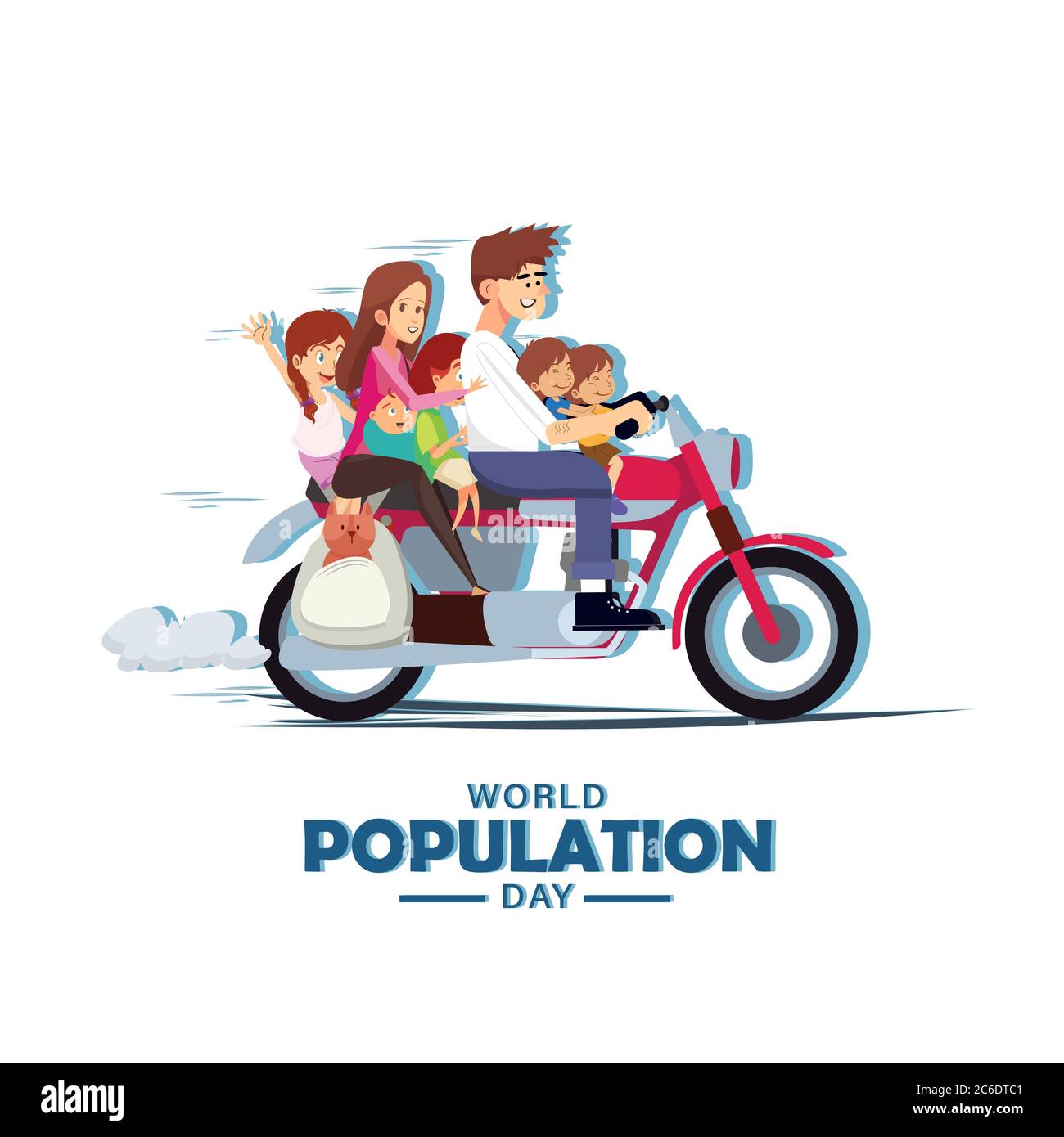 Journée mondiale de la population, 11 juillet, toute la famille avec chien sur moto, moto, vacances en famille, affiche, illustration vectorielle Illustration de Vecteur