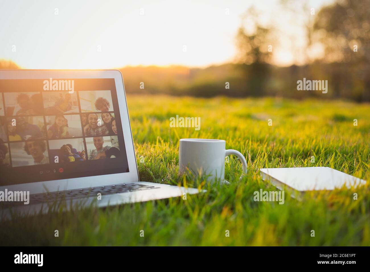 Chat vidéo sur l'écran de l'ordinateur portable à côté du café et livre dans l'herbe ensoleillée Banque D'Images