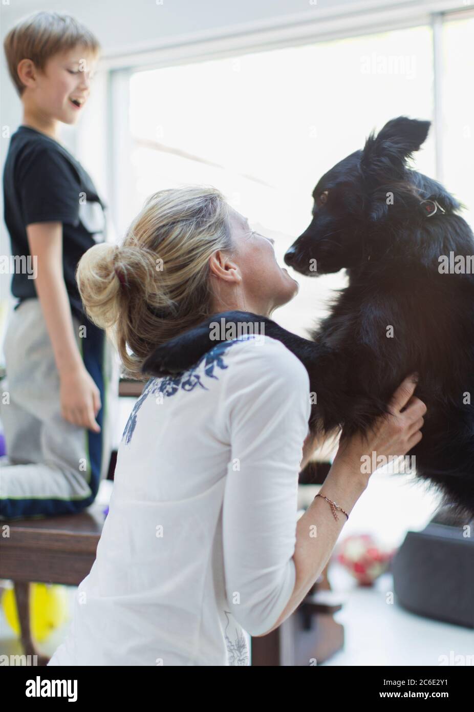 Femme affectueuse avec chien Banque D'Images